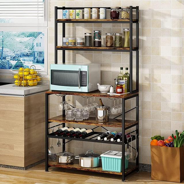 6-Tier Kitchen Baker's Rack with Wine Rack and Wine Glass Holder, Utility Microwave Oven Stand for Spices Pots Pans Plates, Kitchen Hutch Storage Shelf Organizer Rack Coffee Bar Station with 6 S-Hooks