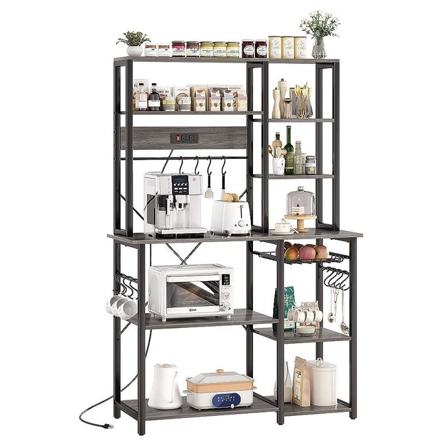 SUPERJARE Large Bakers Rack with Power Outlets, 6-Tier Microwave Stand, Coffee Bar with 12 S-Shaped Hooks, Kitchen Shelf with Wire Basket, 39.3 x 15.5 x 66.9 Inches, Charcoal Gray