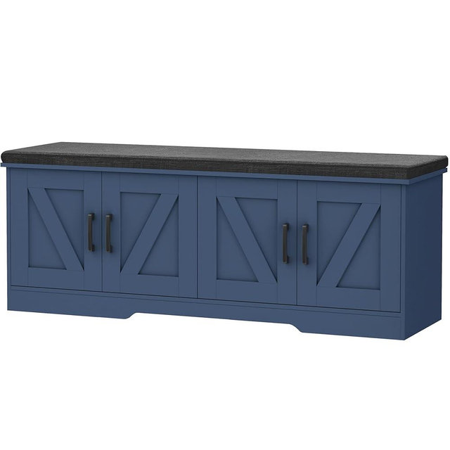 HOMSHO 2-Tier Storage Bench, 47.2" Wide Shoe Bench with Padded Seat Cushion, Entryway Bench with 4 Barn Doors and Adjustable Shelf, Blue