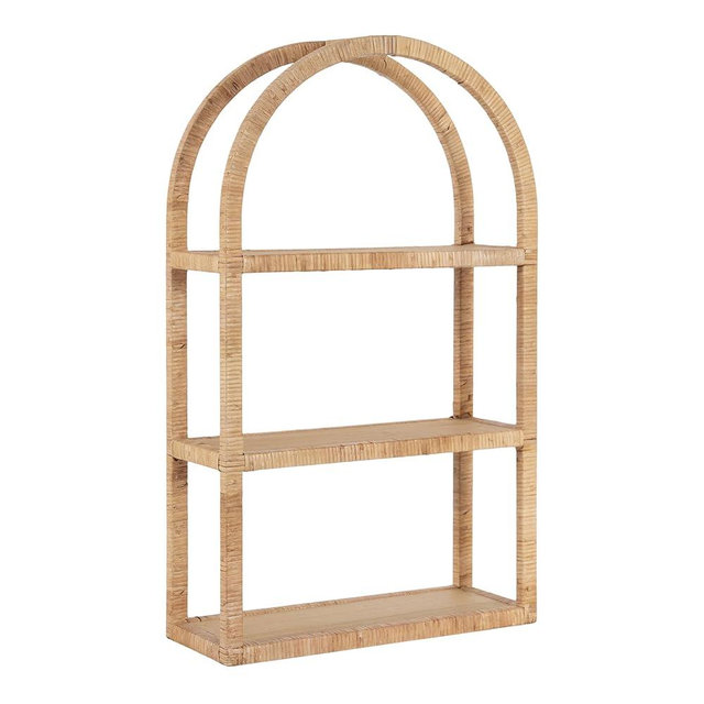 Kate and Laurel Rahmati Modern Arched Rattan Wall Shelf, 18 x 7 x 30, Natural Rattan, Boho Arch Wall Shelves for Over-The-Toilet Storage or Entryway Storage Shelf