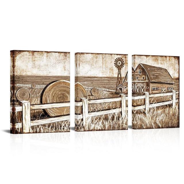 Apicoture Farmhouse Decor Picture Wall Art - Rustic Barn Windmill Canvas Arts Country Farm Landscape Painting Old Wall Decor Framed (12"x16"x3Panels)