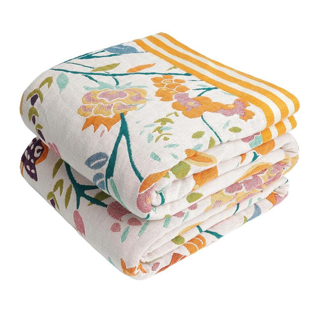 VANJOROY Boho Throw Blanket, 100% Organic Cotton Breathable Ultra Soft 91" x 98" Bed Quilt Throw - All Season Floral Rustic Farmhouse Decor Luxury Reversible Blanket for Sofa Couch Chair and Gift