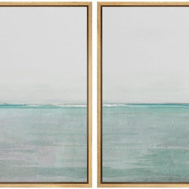 MUDECOR Framed Canvas Print Wall Art Set Teal Watercolor Paint Strokes Abstract Shapes Illustrations Modern Art Decorative Bohemian Calm/Zen for Living Room, Bedroom, Office - 16"x24"x2 Natural