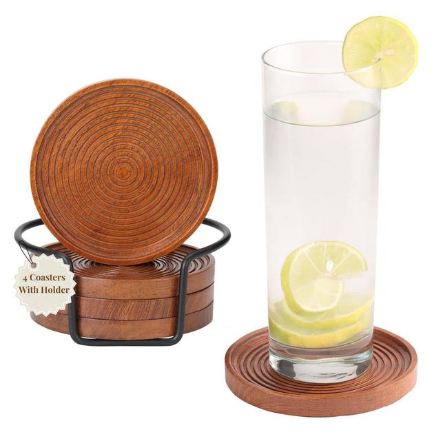 Folkulture Wooden Coasters for Drinks, Set of 4 Round Wood Coaster with Holder, Rustic Farmhouse Coaster for Dining Table