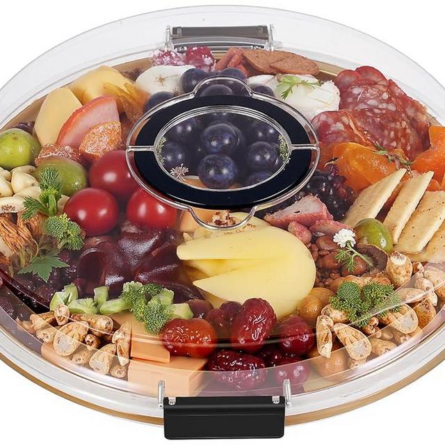 Round Charcuterie Board with Clear Lid, Travel Picnic Portable Cheese Board Charcuterie Boxes, Meat Fruit Serving Tray Platter, House Warming Gifts New Home, Gifts for Women