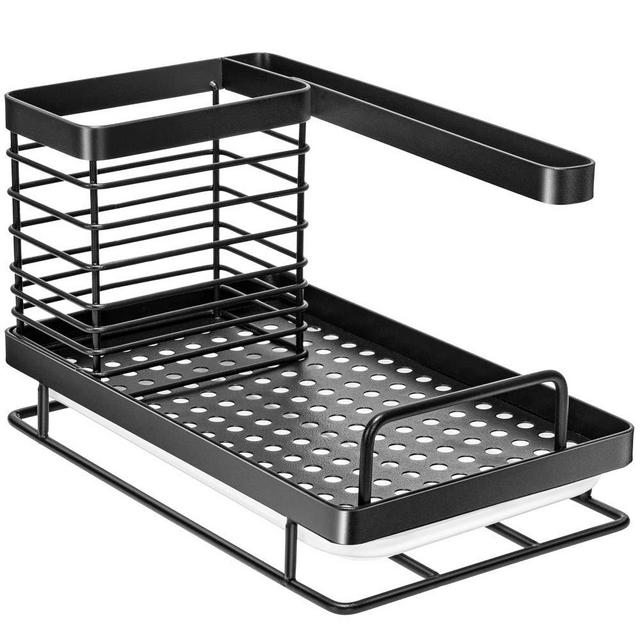 ODesign Kitchen Sink Caddy Organizer Sponge Soap Brush Holder with Drain Pan Tray Stainless Steel - Black