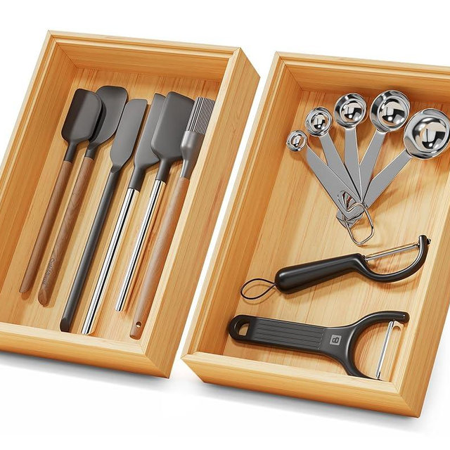 Bamboo Kitchen Drawer Organizer Boxes – 9" x 6" Stackable Wood Silverware Utensil Tray for Drawers Bins, Cutlery & Flatware Storage – Wooden Organizers Set of 2 for Junk Drawer, Bathroom, RV