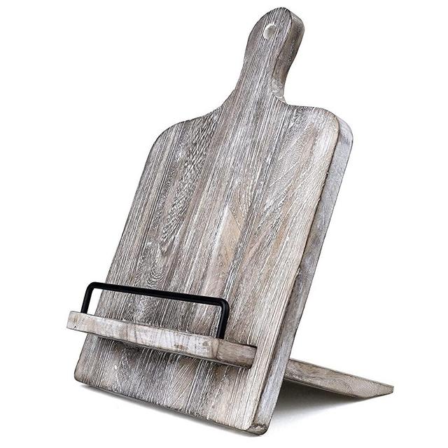Cookbook Stand, Cutting Board Style Wood Recipe Holder Recipe Book Stand with Adjustable Pull-out Stand, Rustic Cookbook Holder (Distressed Grey)
