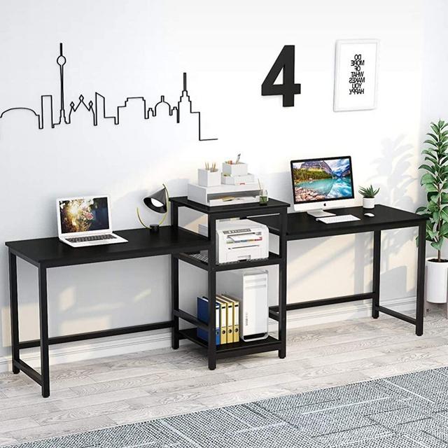 Tribesigns 96.9" Double Computer Desk with Printer Shelf, Extra Long Two Person Desk Workstation with Storage Shelves, Large Office Desk Study Writing Table for Home Office (Black)