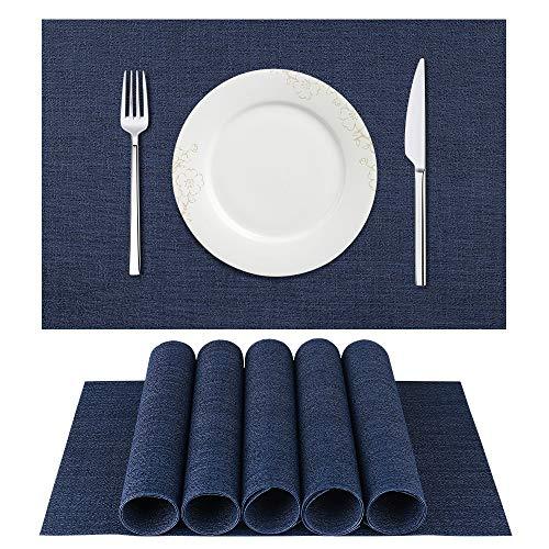 BETEAM Placemats, Heat-Resistant Placemats Stain Resistant Anti-Skid Washable PVC Table Mats Woven Vinyl Placemats, Set of 6 (Dark Blue)
