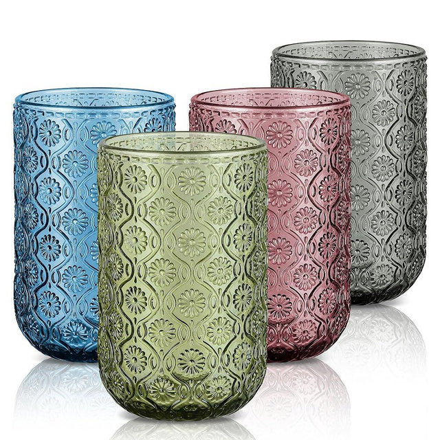 Joeyan Vintage Drinking Glasses,Embossed Floral Highball Glass Water Tumbler,14 oz Colored Beverages Juice Cocktail Beer Wine Glassware Cups,Set of 4,Dishwasher Safe