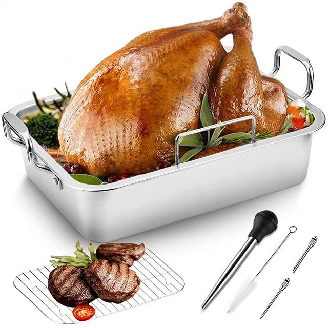 Roasting Pan with Baking Rack,15 Inch Stainless Steel Turkey Roaster Pan with V-Shaped Rack and Turkey Baster. Rectangular Roaster Pot Great for Turkey, Chicken, Vegetable,Fit for 20Lb Turkey
