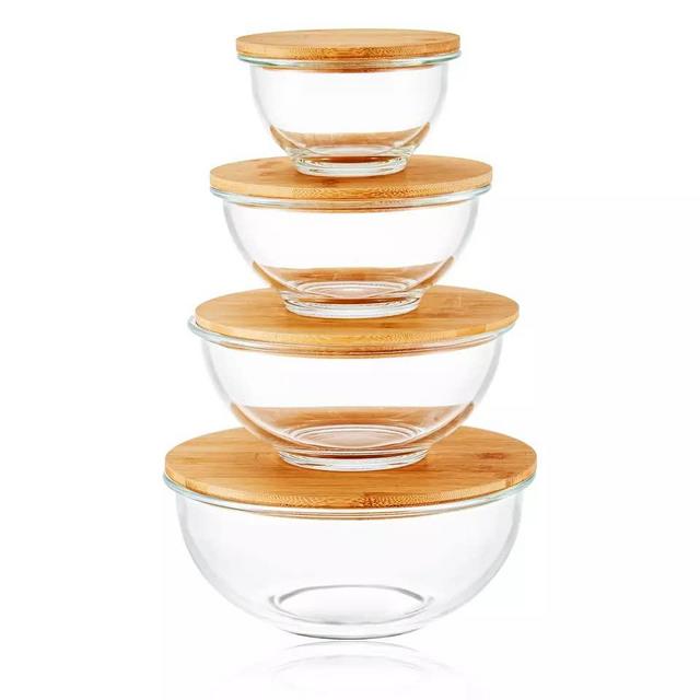 Bovado 8-Piece Glass Nesting Mixing Bowl Set with Airtight Bamboo Lids (1QT + 1.5QT +2.5QT + 4QT) | 4 Glass Bowls + 4 Bamboo Lids | Microwave-Safe Bowls Excellent for Meal Prep & Food Storage
