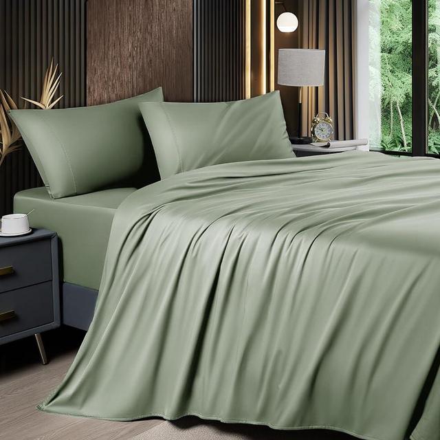 Shilucheng 4-Piece Full Size Sheets Set，Rayon Derived from Bamboo_，Cooling & Breathable Bed Sheets, Silky Bedding Sheets & Pillowcases, 16 Inch Deep Pockets (Full,Sage Green)