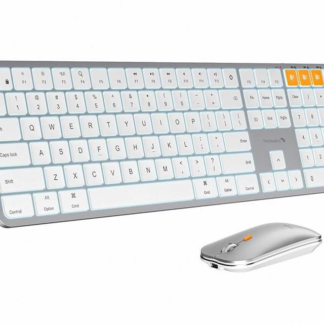 ProtoArc Backlit Bluetooth Keyboard and Mouse for Mac, KM100-A Multi-Device Wireless Keyboard Mouse for Mac, Full Size Rechargeable for MacBook Pro/Air, iMac, iPhone, iPad, White Silver