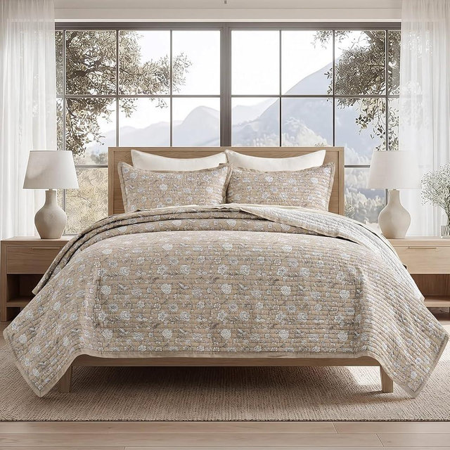 EVERGRACE Cotton Quilt Set King Size, 100% Cotton Reversible Lightweight Bedspread Coverlet, Vintage Floral Farmhouse Bedding, Traditional Botanical Quilt with 2 Pillow Shams, Sandstone Beige 108"×96"