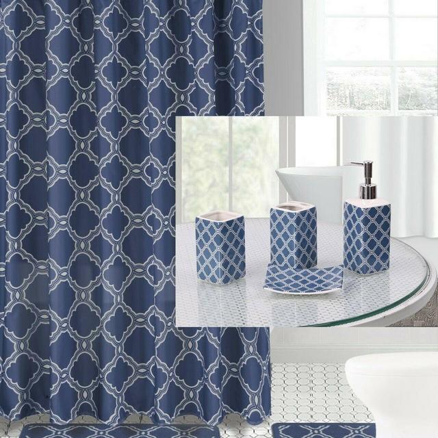 19PC HONEY NAVY BATHROOM SET EMBROIDERY BANDED WASHABLE RUBBER BACKING ANTI SLIP INCLUDES 2 BATH RUG/MATH + 1 SHOWER CURTAIN + 12PC RINGS COVERED + 4 ACCESSORIES CERAMIC