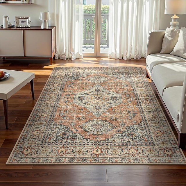 Lahome Oriental Washable Rugs 5x7, Soft 5x7 Rug for Bedroom Living Room, Ultra-Thin Non Slip Stain Resistant Vintage Throw Carpet for ‎Dining Room Office, Peach/Orange