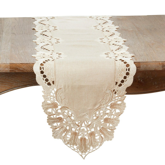 Saro Lifestyle Sheer Beauty Embroidered Table Runner, 16"x72", Beige