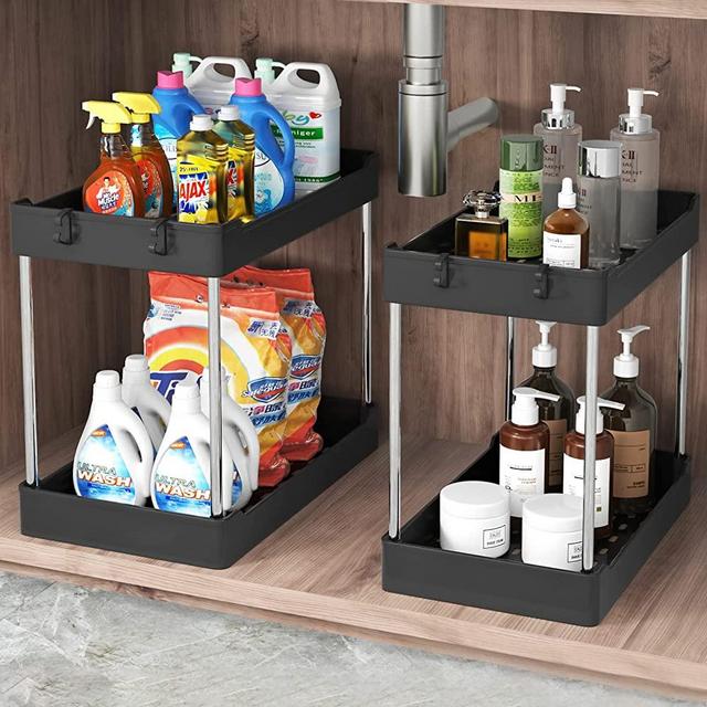 Tailide Under Sink Organizers and Storage (2 Pack), 2 Tier Bathroom Organizer Under Sink, Black Under Kitchen Sink Organizers and Storage，Cleaning Supply Organizer，Counter Under Cabinet Storage.