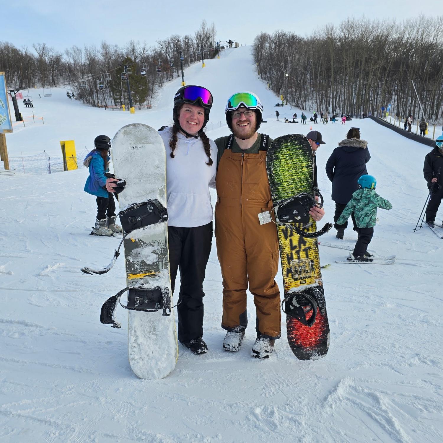 Andrew taught me how to snowboard for our first date! I disliked snowboarding, but loved spending time with him!