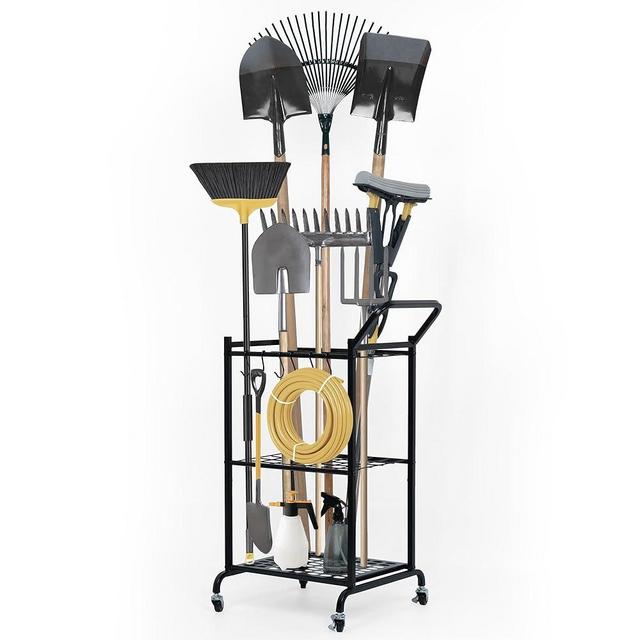 SwaaVee Garden Tool Organizer with Wheels, Garage Tool Storage and Organization with 6 Hooks, Steel Tool Rack Holds Up to 35 Long Handled Yard Tools for Garage, Shed, Basement