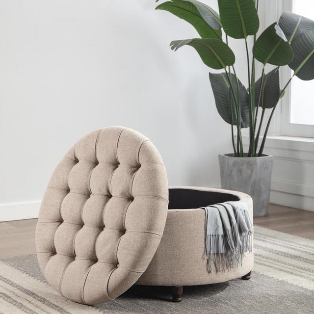 Prescott 28” Large Round Pintucked Storage Ottoman with Lift off lid - Tan