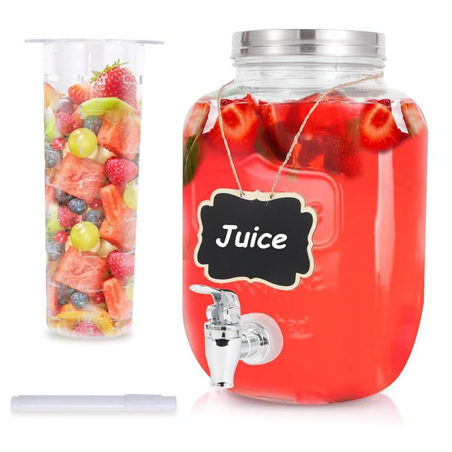 MR.KIANGCI Drink Dispenser With Spigot,1 Gallon Glass Drink Dispensers For Parties,Beverage Dispenser with Fruit Infuser Sun Tea,Lemonade & Juice Dispenser for Parties, BBQ,Picnic,Weddings & Events