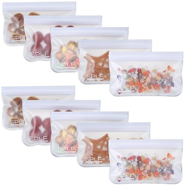 SPLF 10 Pack Dishwasher Safe Reusable Snack Bags, Reusable Storage Bags, BPA Free Freezer Bags Leakproof Silicone and Plastic Free Lunch Bags Food Storage