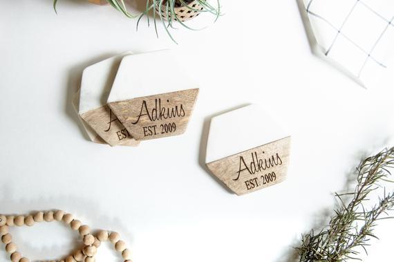 Personalized Coasters, Set of 4, Wood and Marble Coasters, Custom Coasters, Engraved Coasters, Housewarming Gift, Wedding Gift