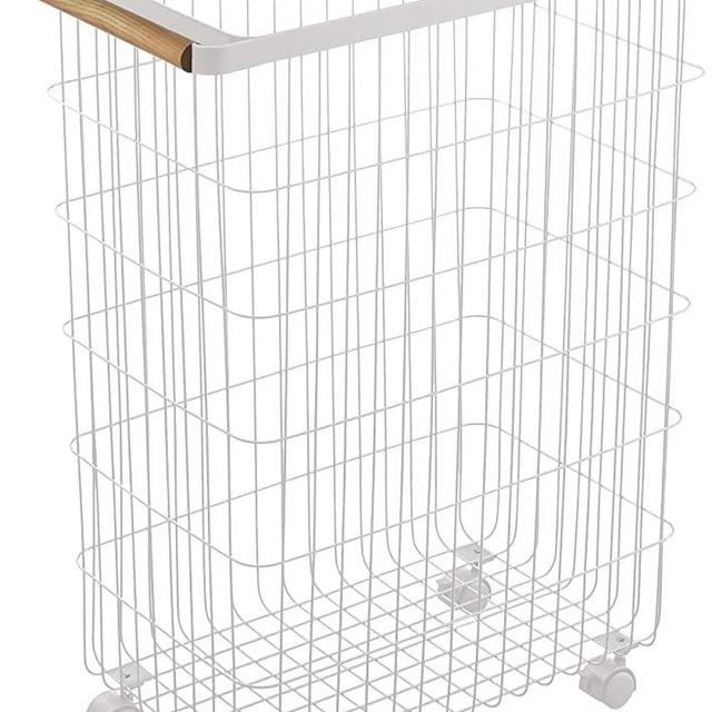 Yamazaki Home Wire Slim Saving Rolling Wheeled Clothing Hamper | Steel + Wood | Laundry Basket, One Size, White