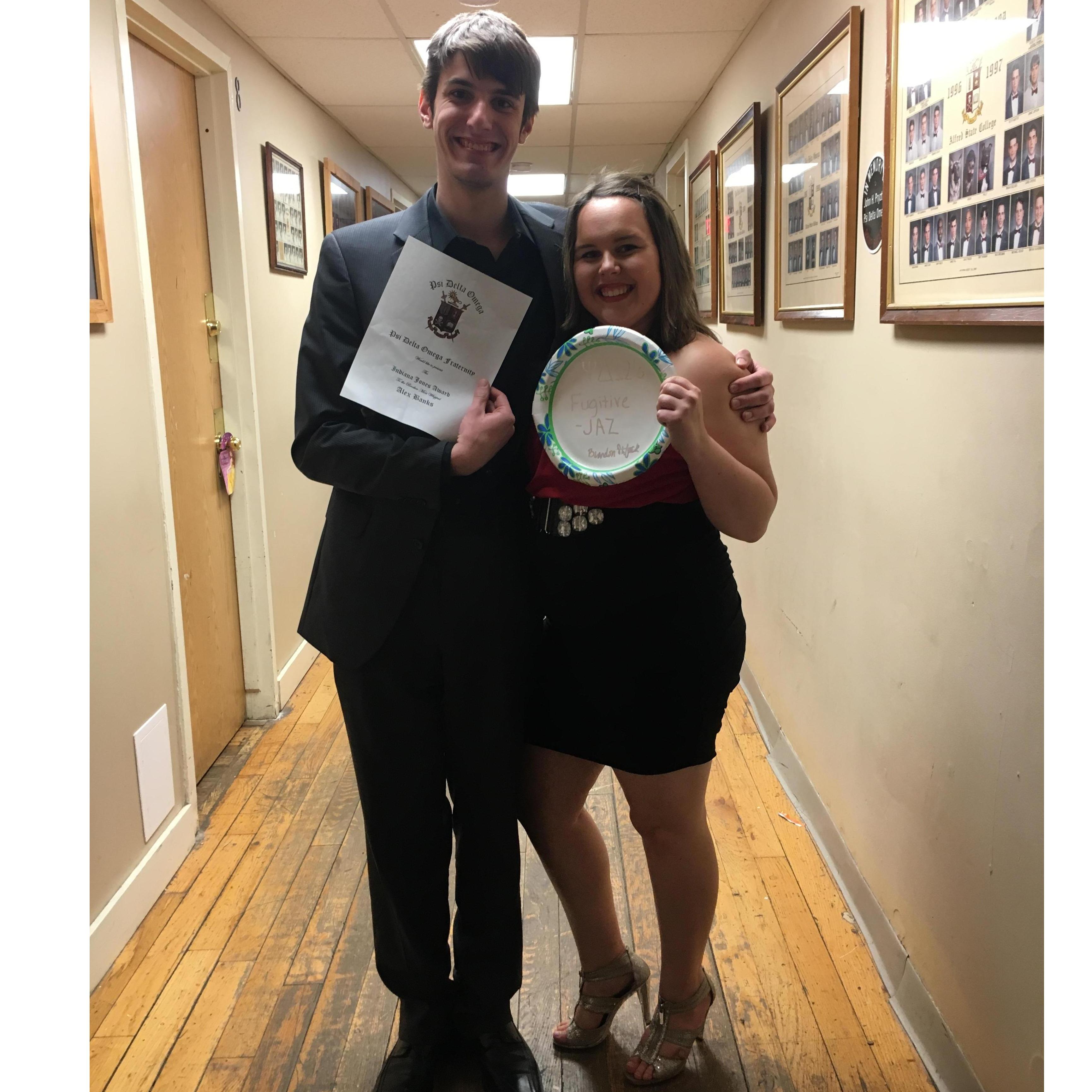 Alex’s fraternity formal Spring 2016, flaunting our superlative awards given because of each other! “Psi D’s fugitive” and “Most Whipped”