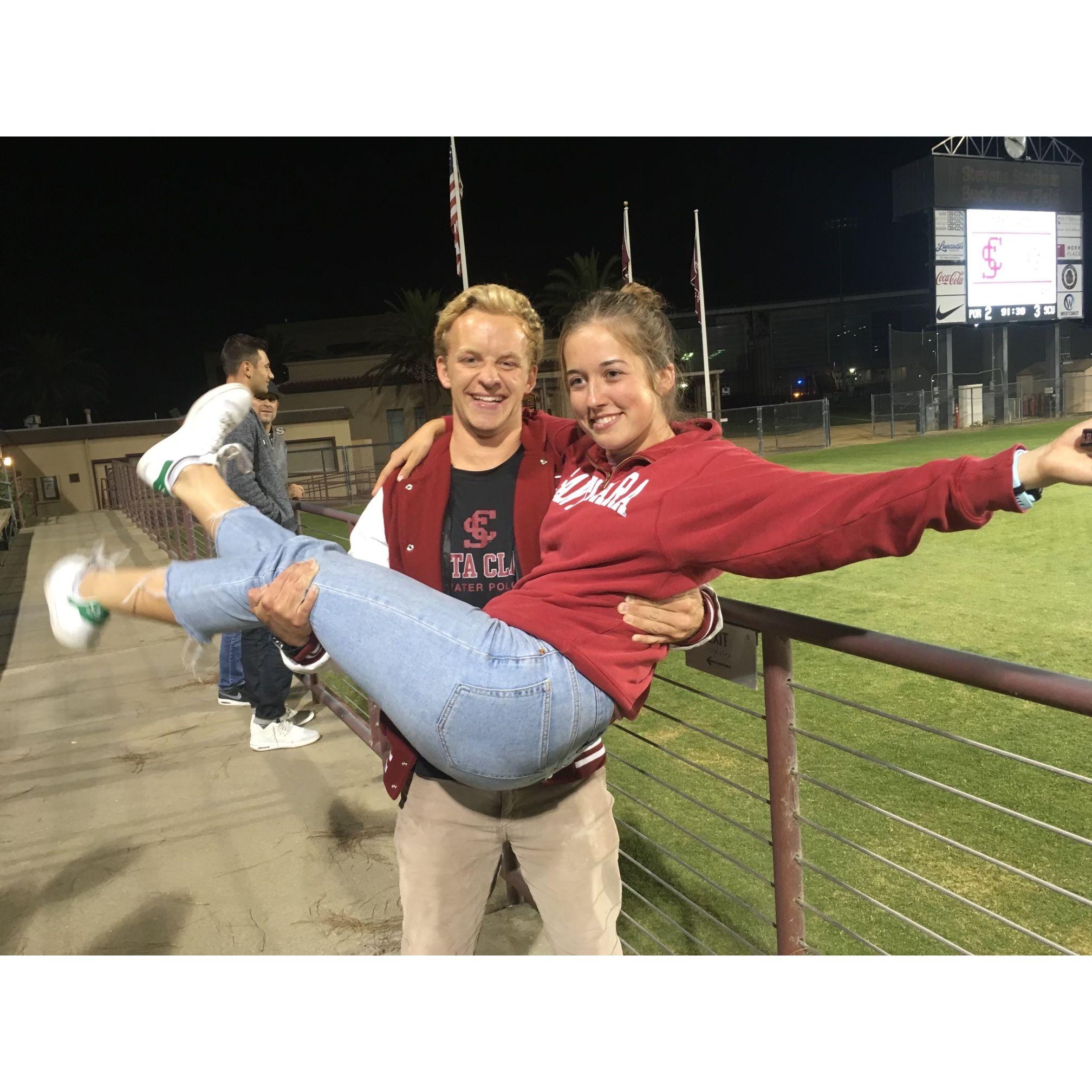 From one of many SCU soccer games we attended in college. We've always shared a love of sports, but are still learning to balance each other's competitive sides when playing them "for fun."