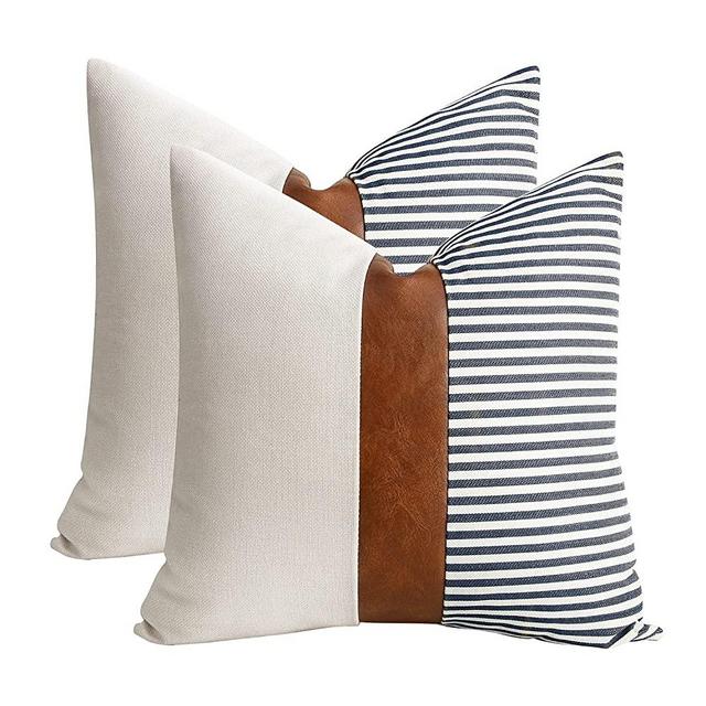 cygnus Set of 2 Farmhouse Decor Stripe Patchwork Linen Throw Pillow Covers,Modern Tan Faux Leather Accent Pillow Covers 18x18 inch,Navy Blue