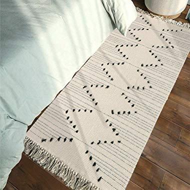 Woven Boho Small Rug with Tassels, Beige Bathroom Bedroom Runner Rug, Cotton Kitchen Rug 2' x 4.3'