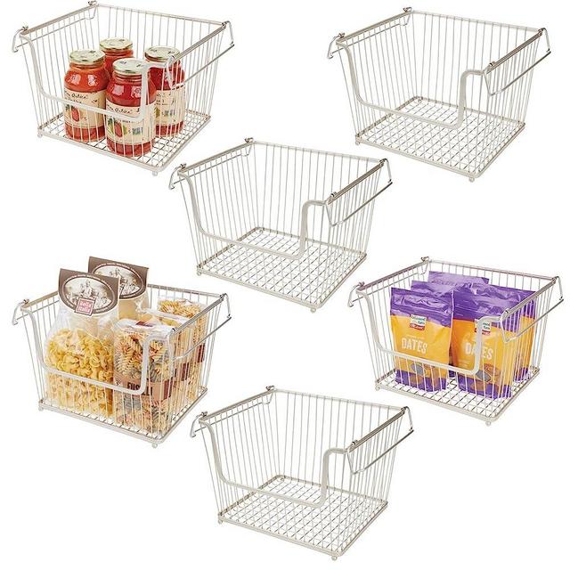 mDesign Stackable Metal Basket for Kitchen Storage - Large Wire Farmhouse Bin Basket w/Handles for Pantry - Stacking Wire Basket Organizer for Food, Drinks - Hyde Collection, 6 Pack, Satin