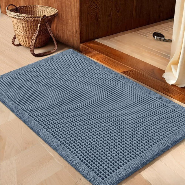 IM HOME Waffle Bath Mat Blue 32"x20", Boho Woven Modern Bath Mat Rugs, Absorbent Non Slip Bathroom Rugs, Soft Washable Bath Rugs with Tassels for Bedroom, Kitchen, Shower, Tub