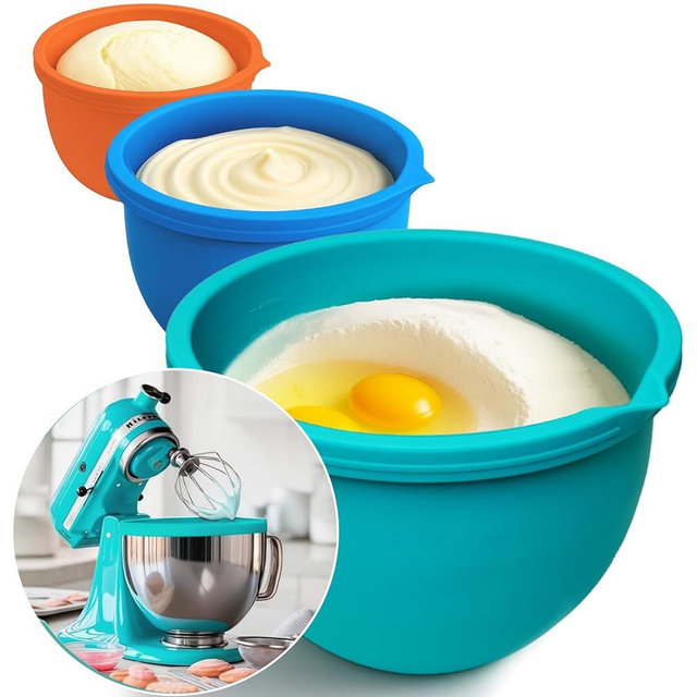 Upgraded 4.5-5QT Silicone Bowl Liners for KitchenAid Mixer, Thick Design with Pour Spout, Measurement Marks & Hanging Holes for Easy Storage, 3-Pack with Lids, No-Spill & Space-Saving