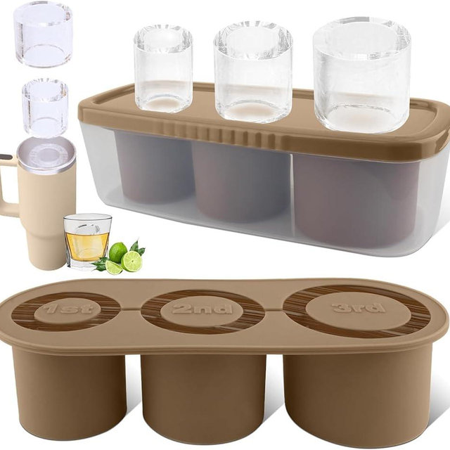 Tcamp Tumbler Ice Mold, Ice Cube Tray With Lid and Bin for 30-40 oz Tumbler Cup, Silicone Ice Cube Molds for Chilling Cocktails, Whiskey, Drinks, Coffee, Tea, Easy Fill and Release Ice Maker (Brown)