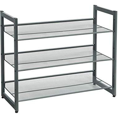 SONGMICS 3-Tier Shoe Rack Storage, Metal Mesh, Flat or Angled Stackable Shoe Shelf Stand for 9 to 12 Pairs of Shoes, Cool Gray ULMR03GB