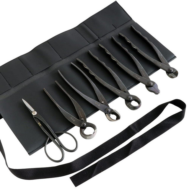 Wazakura Made in Japan 6PCS Bonsai Professional Tool Kit with Roll Bag: Japanese Yasugi Steel Satsuki Bonsai Scissors, Concave Branch Cutter, Knob Cutter, Jin Plier, Wire Cutter, Root Cutter