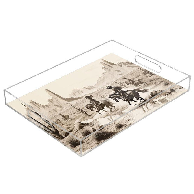 WELLDAY Western Desert Cowboy Serving Tray, Clear Acrylic Decorative Tray - Sturdy Huge Capacity Serving Platters/Kitchen Countertop Tray/Vanity Table Tray 12"x16"