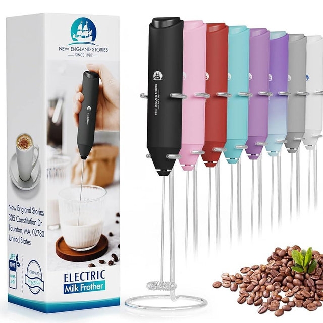 Powerful Milk Frother Handheld Foam Maker, Mini Whisk Drink Mixer for Coffee, Cappuccino, Latte, Matcha, Hot Chocolate, With Stand, Black