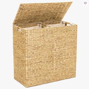 Large Water Hyacinth Double Laundry Hamper Basket w/ 2 Liner Bags, Handles - Natural