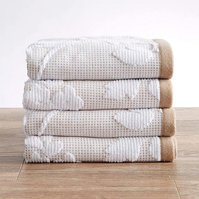Great Bay Home 100% Cotton Decorative Hand Towel Set (16 x 28 inches) Luxury Floral Jacquard Hand Towels. Roselyn Collection (Set of 4, White/Taupe)