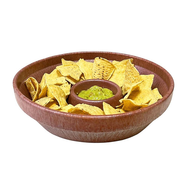 Chip and Dip Serving Tray -10in Dipping Sauce and Chip all in one Bowl-Suitable for Tostadas,Tortilla Chips,Nacho,Mexican Corn Chip and Salsa- Fruit,Veg and Mayonnaise-Use at parties,etc(Brownish Red)