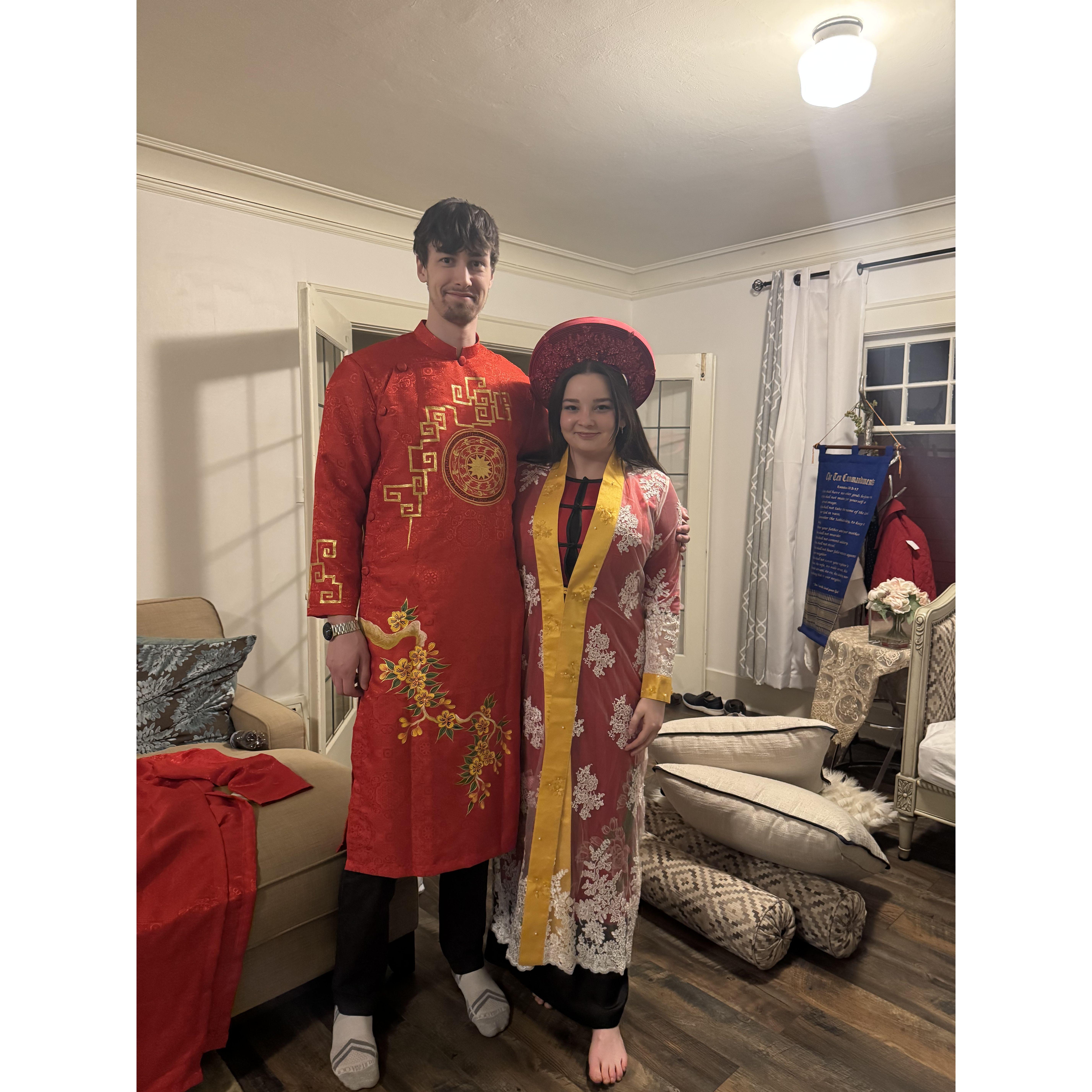 Trying on Vietnamese dress for the Vietnamese Tea Ceremony prior to our wedding - 2025