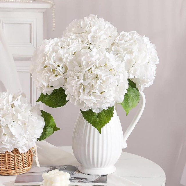Veryhome White Hydrangea Artificial Flowers - 3Pcs 22.44In Large Faux Hydrangea Flowers, Latex Real Touch Flowers Fake Hydrangeas for Home Decor Wedding Party Centerpieces Floral Arrangements