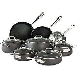 T-fal E765SH Ultimate Hard Anodized Scratch Resistant Titanium Nonstick Thermo-Spot Heat Indicator Anti-Warp Base Dishwasher Safe Oven Safe PFOA Free Cookware Set, 17-Piece, Gray