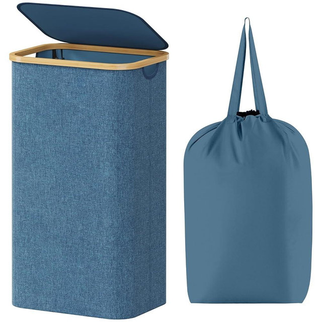 Lifewit 100L Laundry Basket with Lid, Clothes Hampers for Laundry with Bamboo Handles and A Removable Laundry Bag, Large Foldable Laundry Hamper for Bedroom, Bathroom, Dorm, Laundry Room, Dark Blue